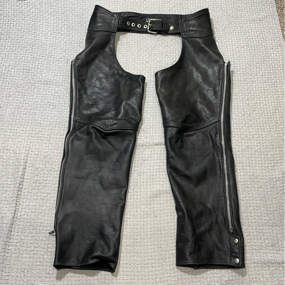 Vintage California Creations Black Leather Chaps Riding Pants Motorcycle Mens L
